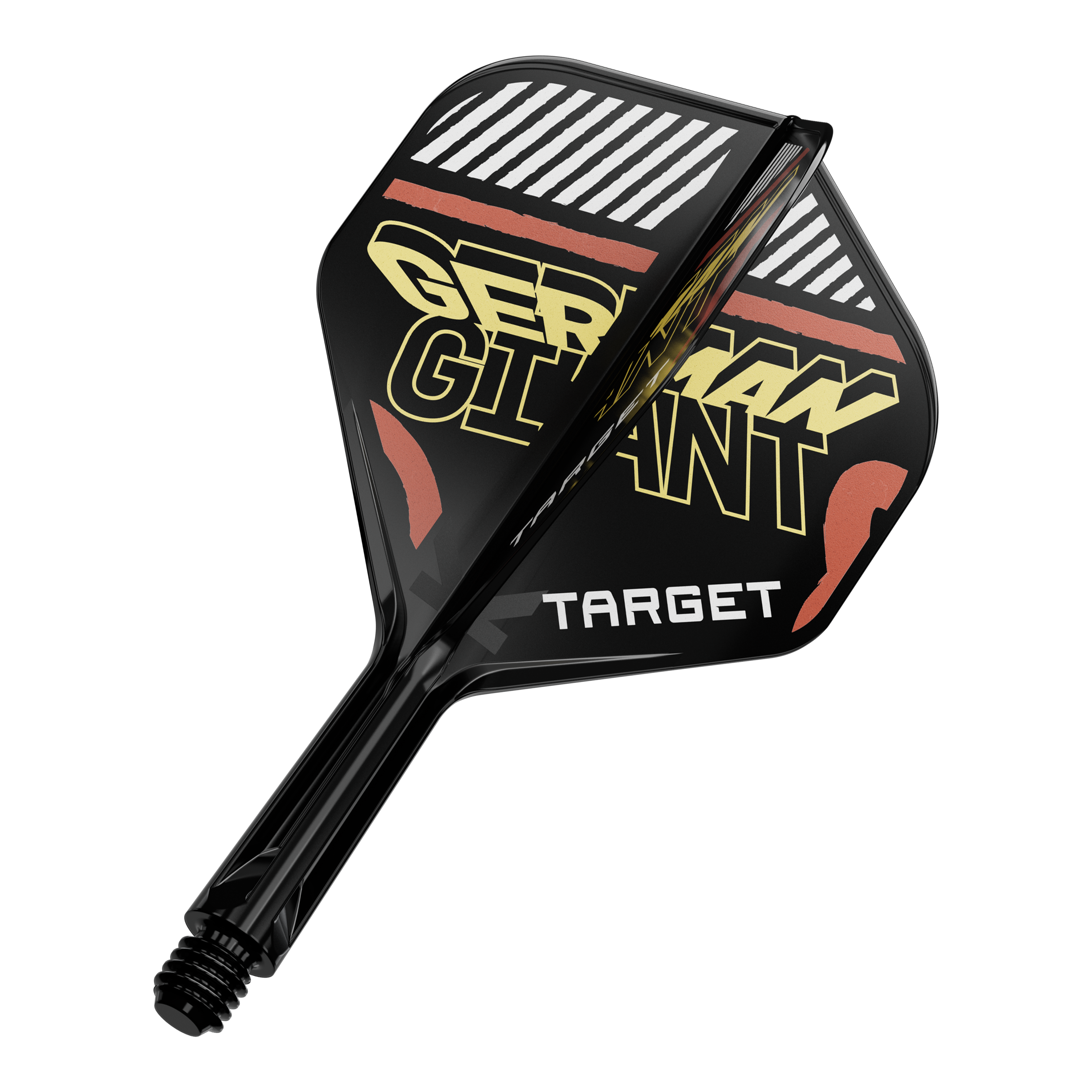 Das Bild zeigt eine schwarze Dartflügel- und Schaftkombination mit der Aufschrift "GERMAN GIANT" und "TARGET". Die Farben sind hauptsächlich Schwarz, Gelb und Rot.